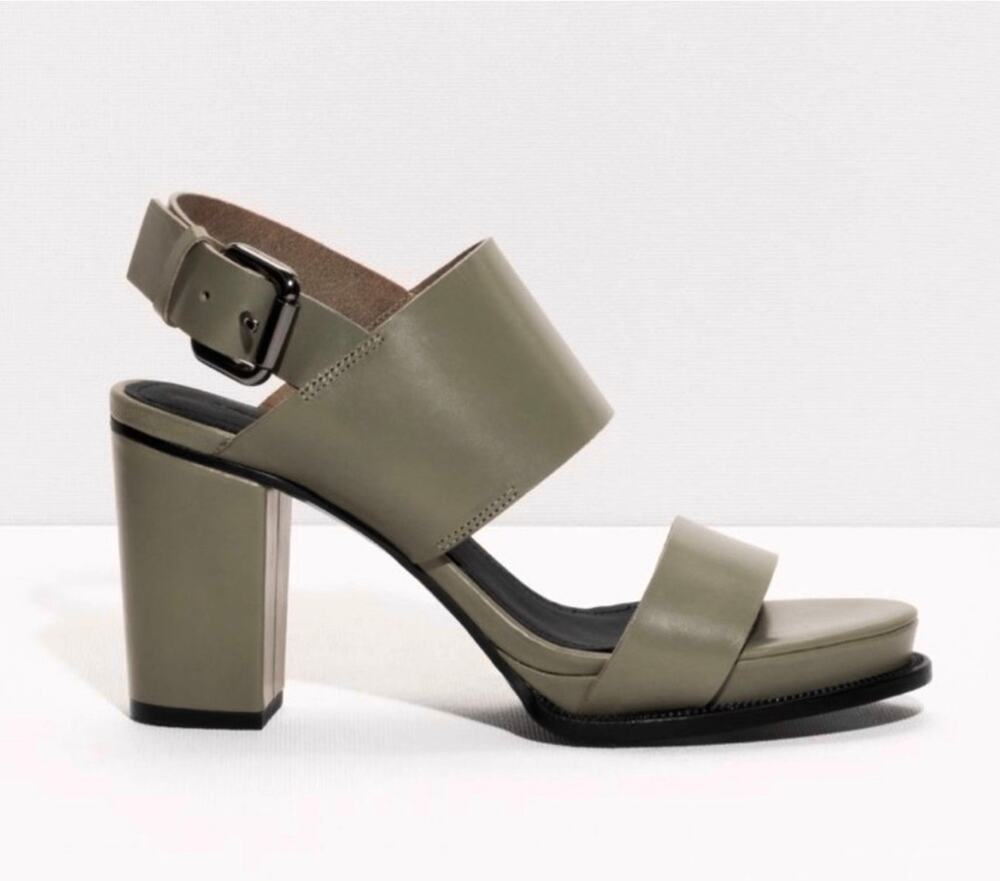 & Other Stories Chunky Slingback Heels Leather Sandal, Olive Green